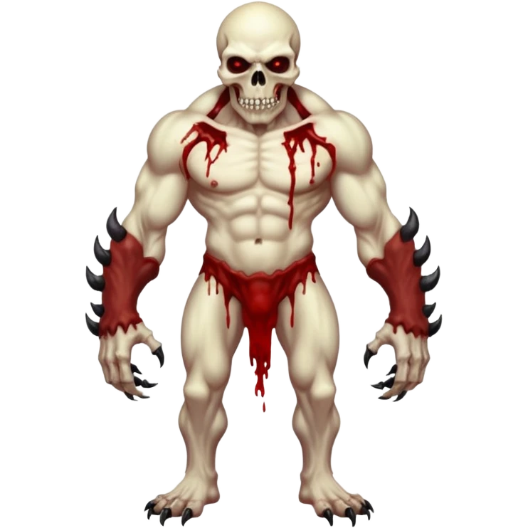A Hideous mutated monster covered in rotton flesh and bloodin the style of your bleeding skull art, full body. Final boss character emoji