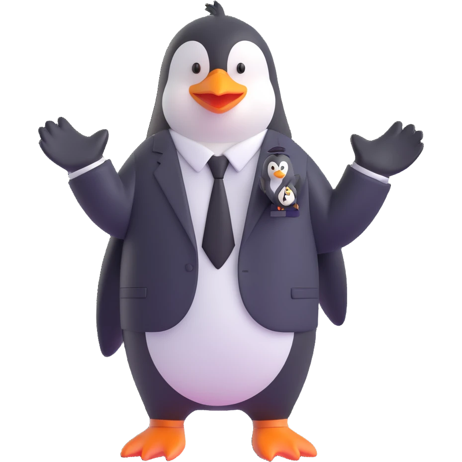 a cartoon penguin wearing a white shirt, black pants, and a black tie, with a missionary badge, waving, plain background emoji