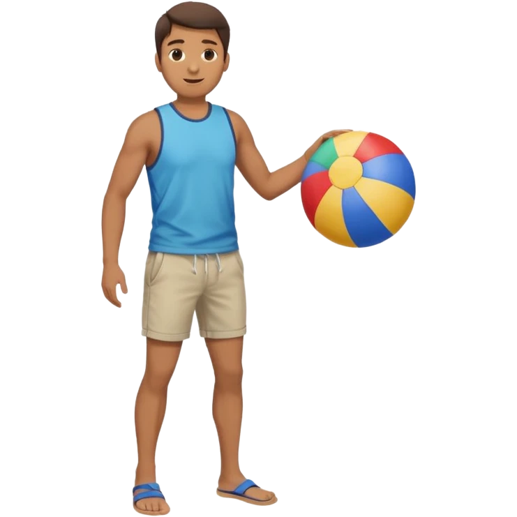 A man in Bermuda shorts as a full-body swimsuit and a beach ball emoji