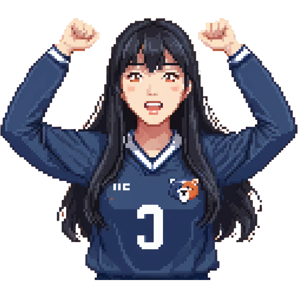 East Asian woman with long black straight hair and bangs wearing navy and white Doosan Bears team colors, cheering emoji