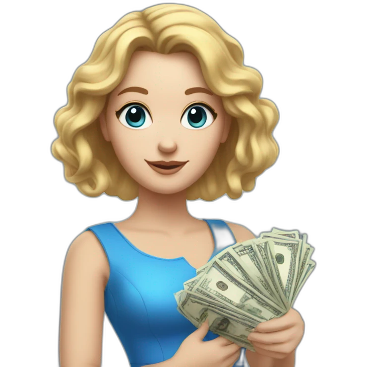 Realistc white girl in a blue dress her hair out holding the money emoji