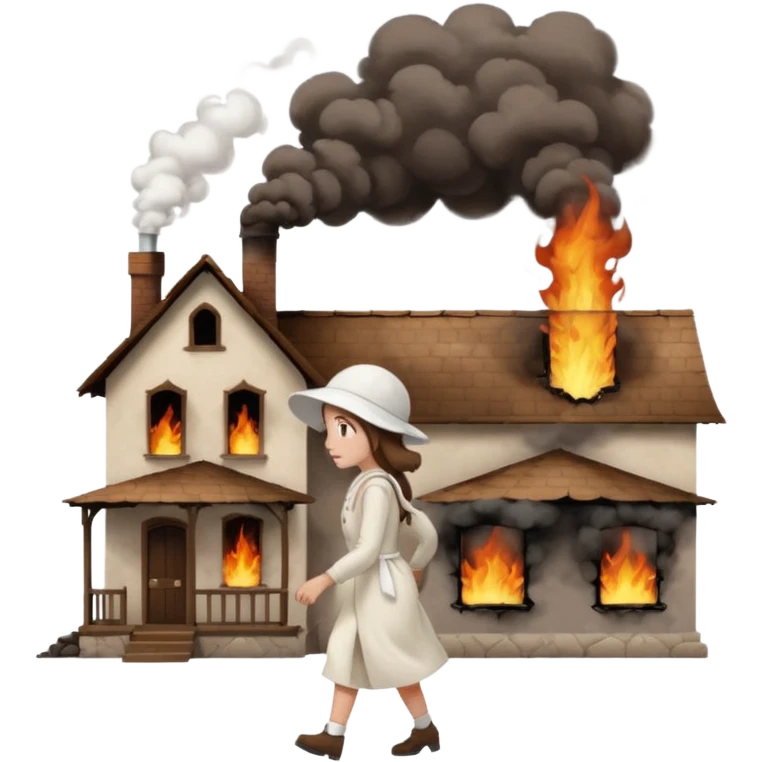 handmaids tale style woman burning house down walking away from house. shes wearing the nun hands maid tale hat cant see her face with brown hair  emoji