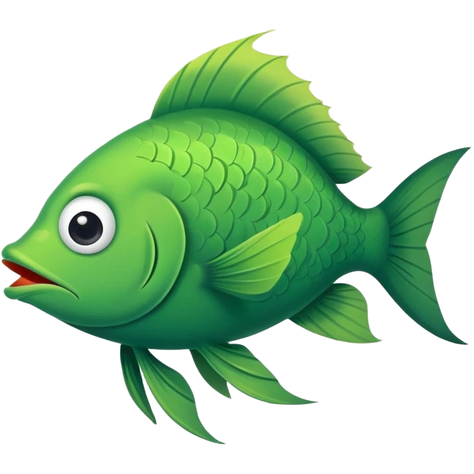 super derpy green fish with droopy eye and goofy overbite, perfect flat side profile facing right, exactly 90 degrees, completely 2D like a paper cutout, only one eye visible, absolute side view emoji