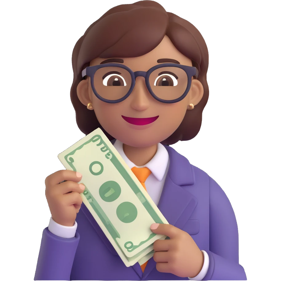 nerd agender person emoji, smiling, holding money in one hand, glasses, androgynous, cheerful expression emoji