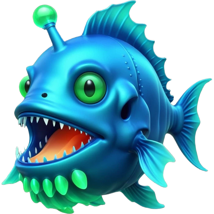 3D render of Anglerfish, bioluminescent deep sea style, glowing neon blue and green lights, dark background to contrast the glow, translucent organic textures, Apple emoji style. emoji