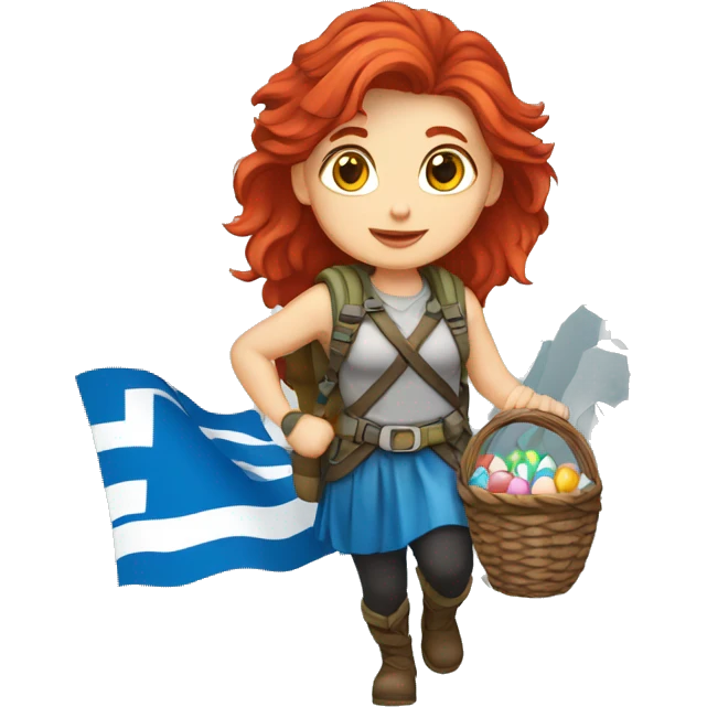 Female mountaineer red hair climbing with Greek flag and holding Easter eggs basket emoji