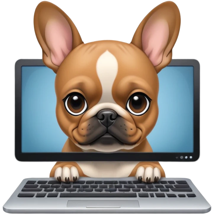 Fawn Frenchie with black muzzle working behind computer emoji
