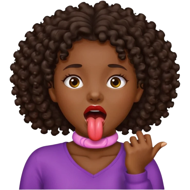 a black girl with dark brown curly hair holding her neck with her mouth open and tongue out emoji