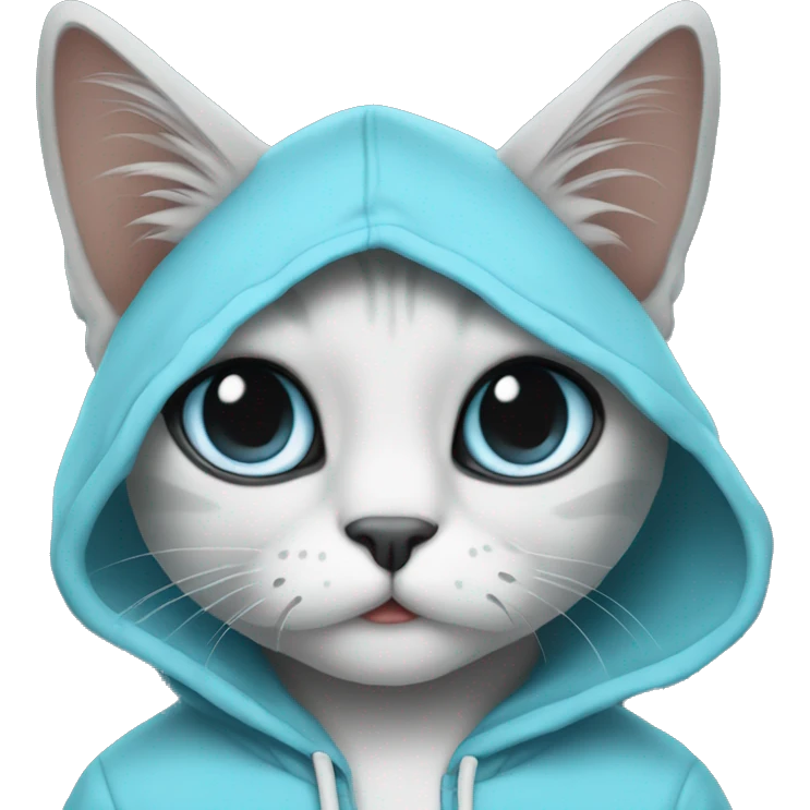 Cat wearing baby blue hoodie and a black MacBook emoji