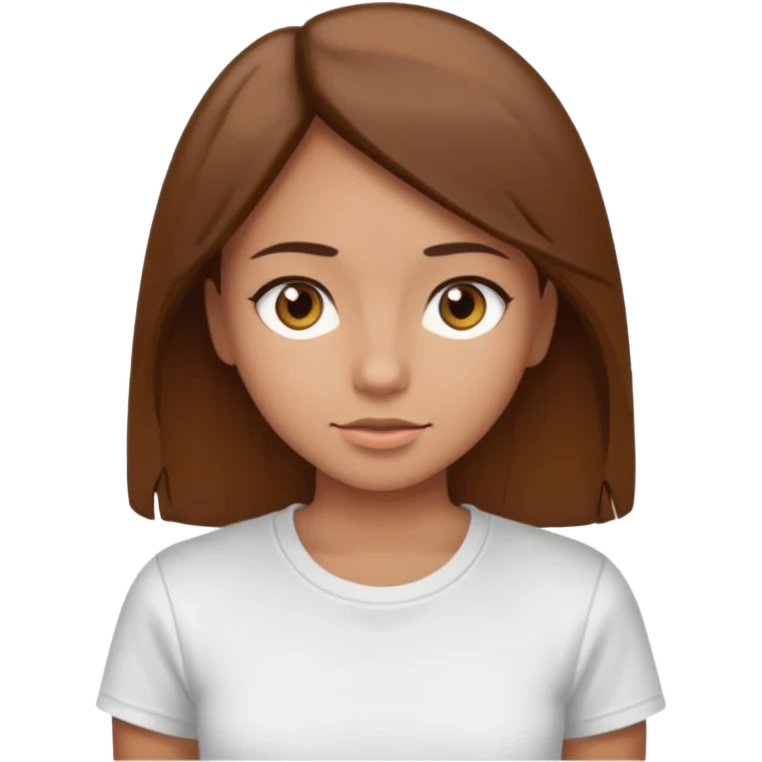 Chica de pelo liso y marrón con ojos color marrón claro y una camiseta blanca emoji