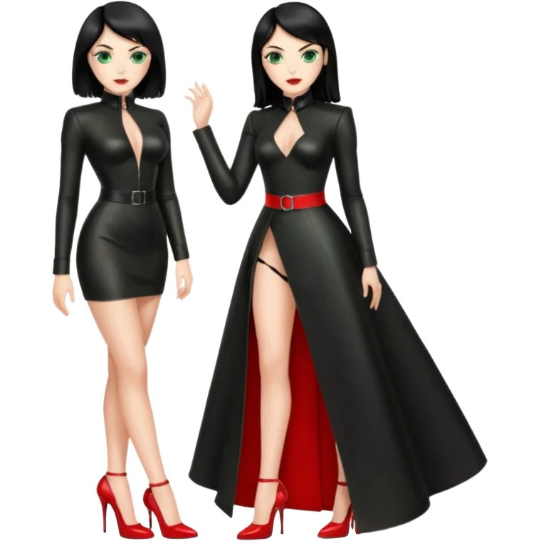 🕵🏻‍♀️💦🧥 black hair , green eyes , full body , red high heels , dominatrix dress , emoji