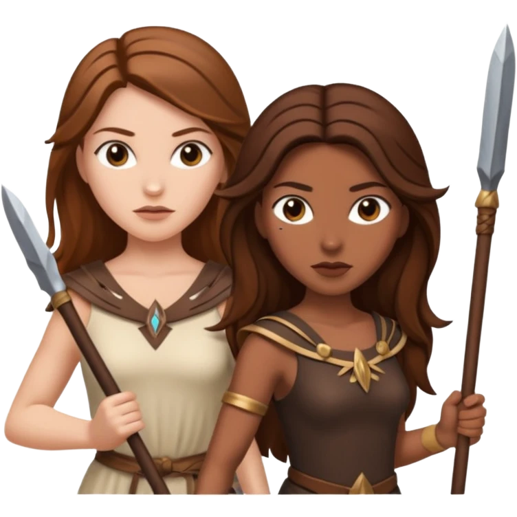 white woman with brown hair and brown woman with long brown hair both holding spears fiercely emoji