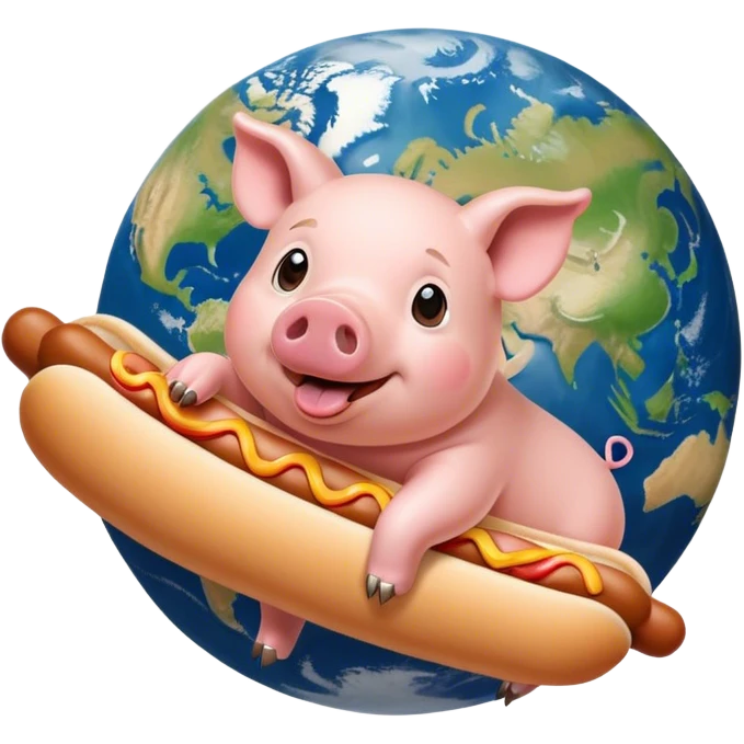 Pig flying over earth while eating hotdog emoji