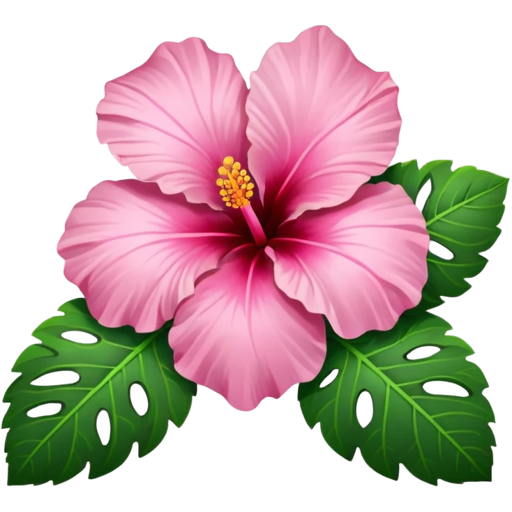 Pink Hibiscus shaped like a heart with green leaves emoji