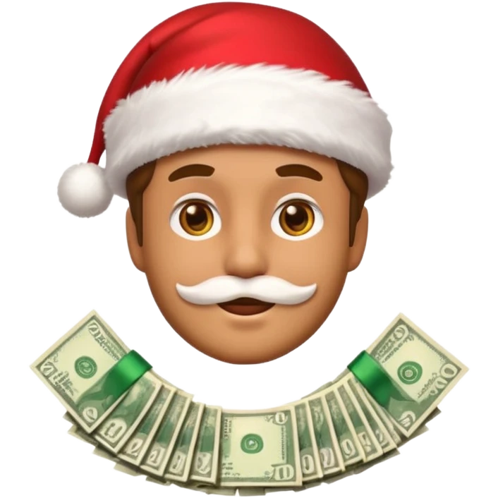 A confident rich emoji face wearing a Santa hat, money stacks, casino vibe, New Year theme, premium 3D emoji style, sharp details, no text, isolated on transparent background emoji