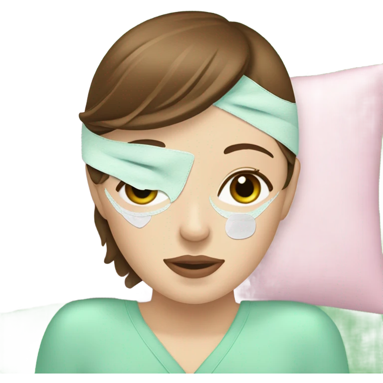 Girl with brown hair freackles white skin tone and blue eyes wears green sheet mask relaxing her eyes closed and two pickple piece over her eyes emoji