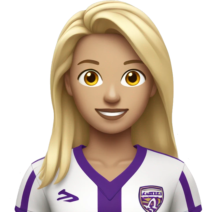 a blonde woman in a white soccer jersey with purple pinstripes emoji