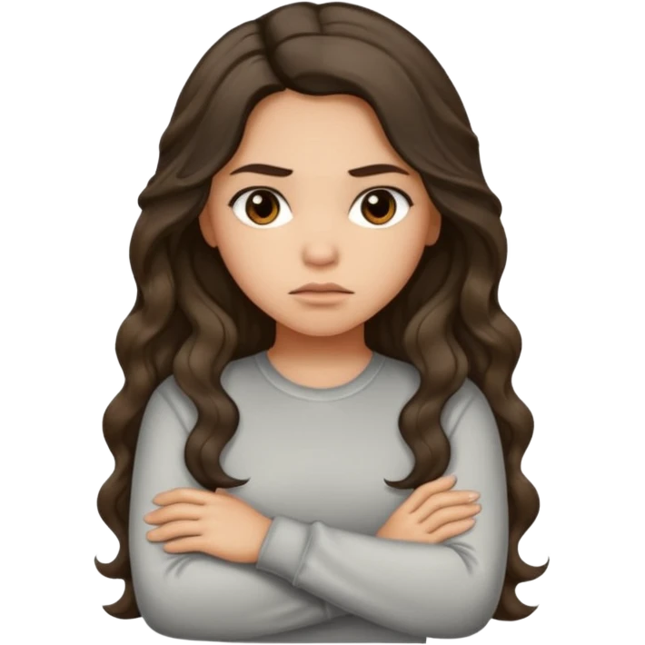 Hispanic light tan girl with long dark wavy hair with arms folded and pouting. Wearing a long sleeve. Hair with middle part. emoji
