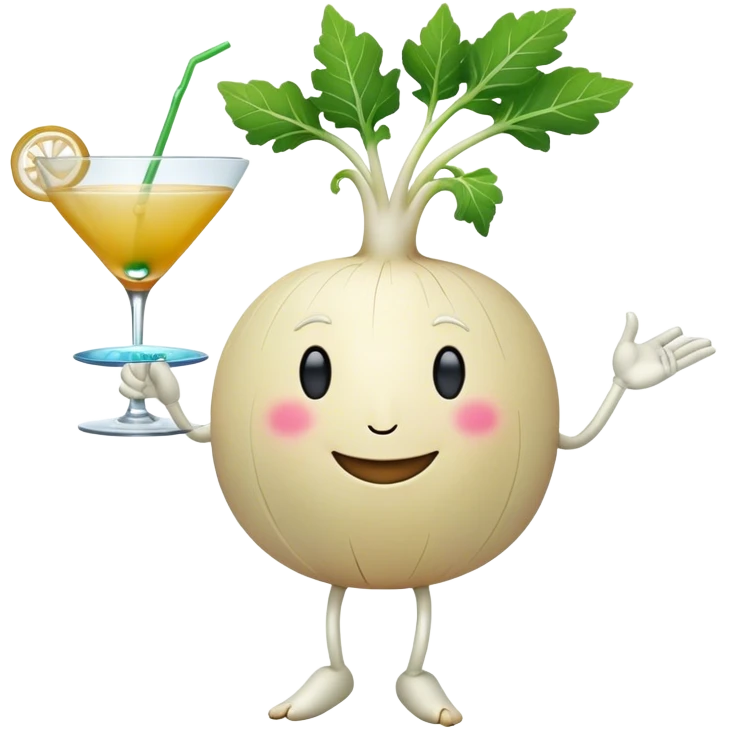 white turnip with smiling face and leafy stalk dancing and drinking a cocktail emoji