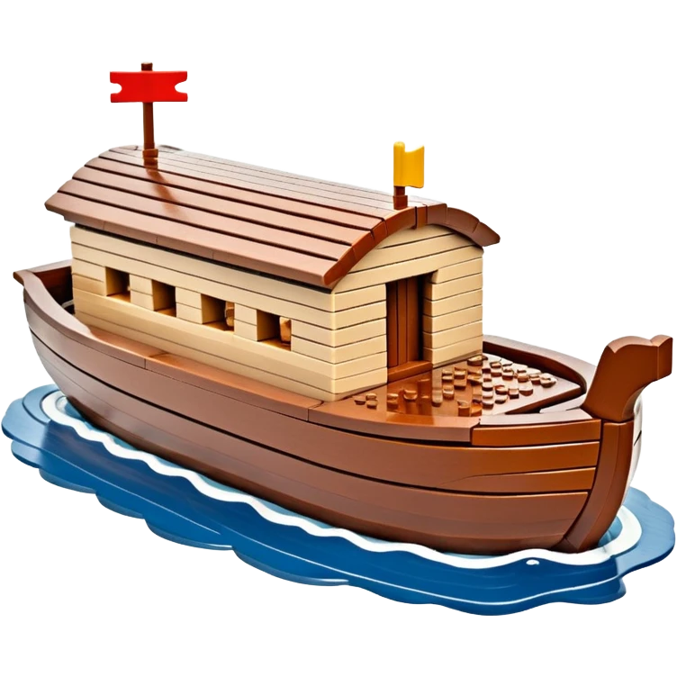 Huge empty wooden Lego Noah's ark boat on water, wide and spacious, no occupants, realistic details emoji