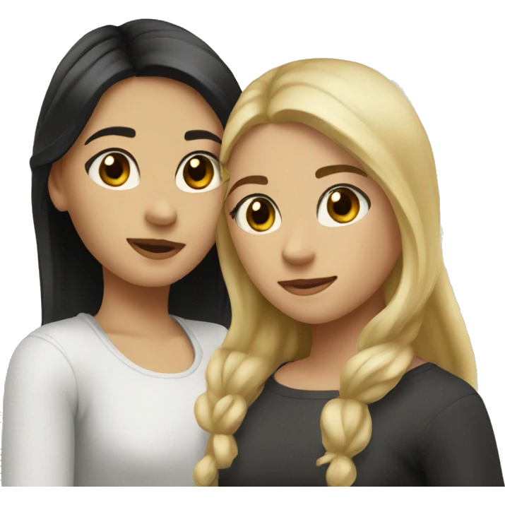 Two girls embracing. One with blonde hair and brown eyes and one with black hair and brown eyes  emoji