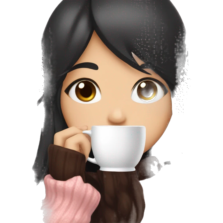 Anime girl with long black hair and brown eyes wearing a pink sweater drinking a cup of hot chocolate  emoji