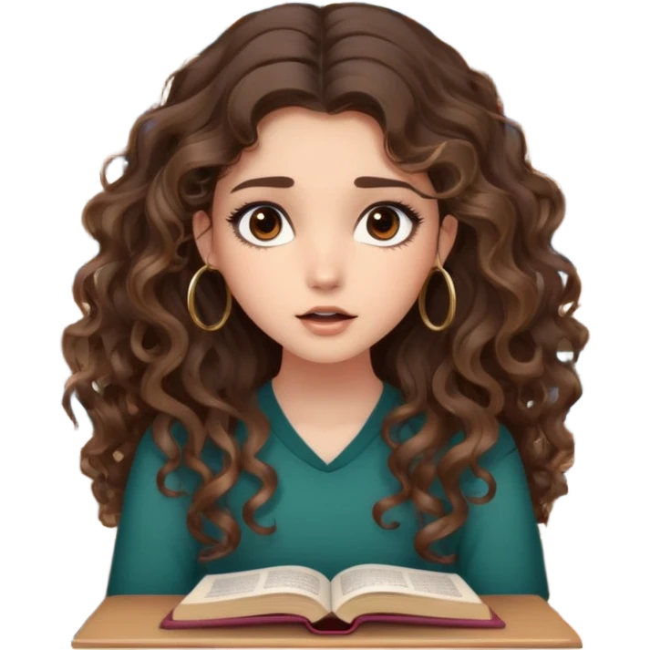 cute girl long brunette balayage curly/wavy not voluminous hair, brown eyes, hoop earrings, natural pretty clean makeup: shocked surrounded by lots and lots of books she needs to study  emoji