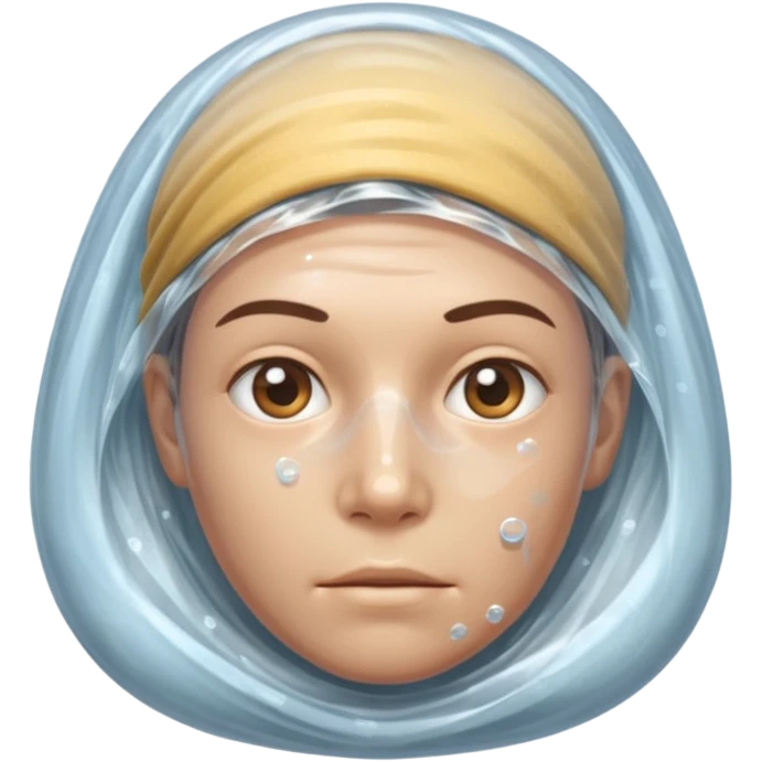 Human head completely wrapped in plastic wrap, air bubbles under surface. emoji