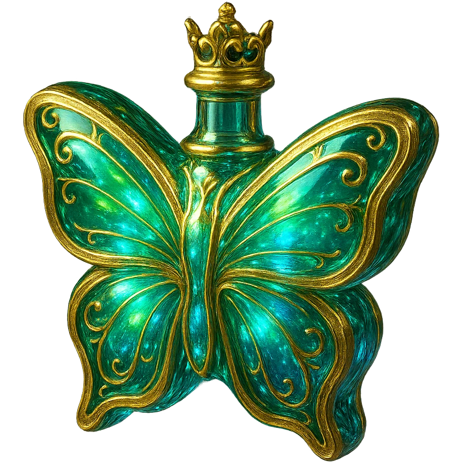 drugelio formos buteliukas, trumpas kaklelis, karūnėlė, kristalinis, dominuoja žalia ir mėlyna, daug švytėjimo, ornamentų, auksinės detalės, permatomas fonas, kabėjimas ore emoji