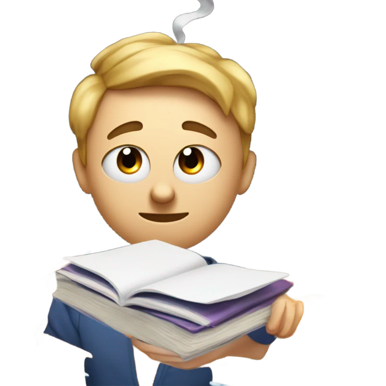  a student with books or papers scattered around their head, looking overwhelmed with symbols of exhaustion, like drooping eyes, a furrowed brow, or a head with smoke coming out to represent mental overload. emoji