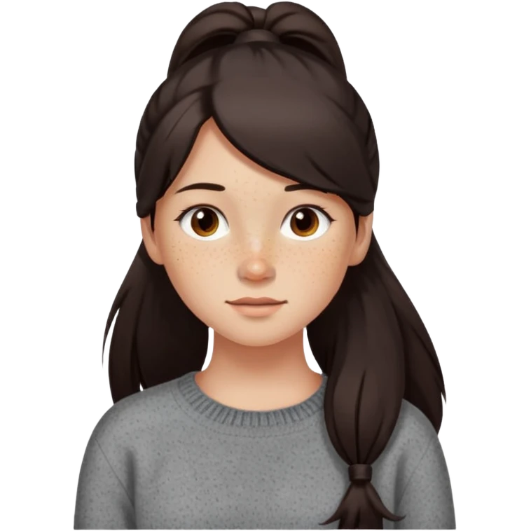 Девочка с длинными темными волосами в хвосте и веснушками в коричневой кофте emoji