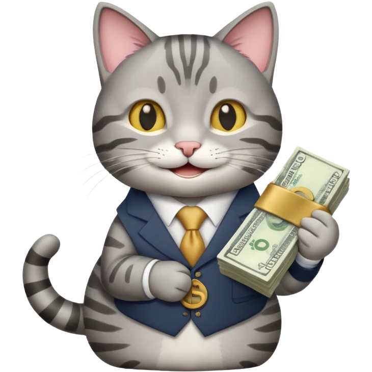 A business cat holding a stack of money, looking happy emoji