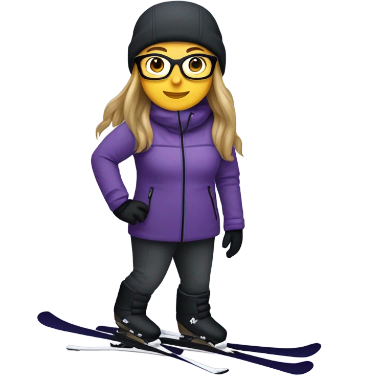 chubby female skier with long straight hair, glasses, grey purple snow jacket, long black pants, black only snow boots and black skis. emoji