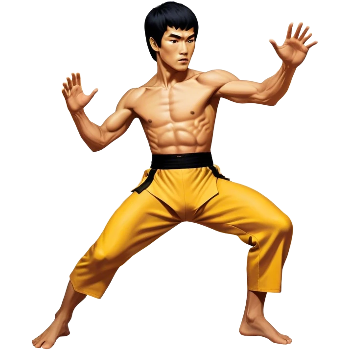 Cinematic Realistic Bruce Lee Portrait Emoji, depicted as a dynamic martial arts icon with an intense gaze and athletic physique caught in a fluid motion, rendered with vivid textures and energetic lighting that embodies his legendary prowess. emoji