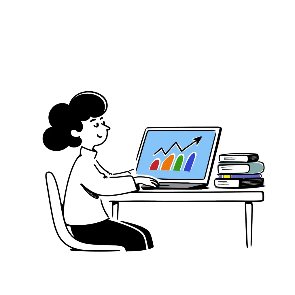 Academic research setup with an open laptop, stack of colorful books, and a rising data chart graph with upward trend. Hand-drawn doodle style with blue laptop screen, multicolored book spines, and a colorful bar chart. emoji