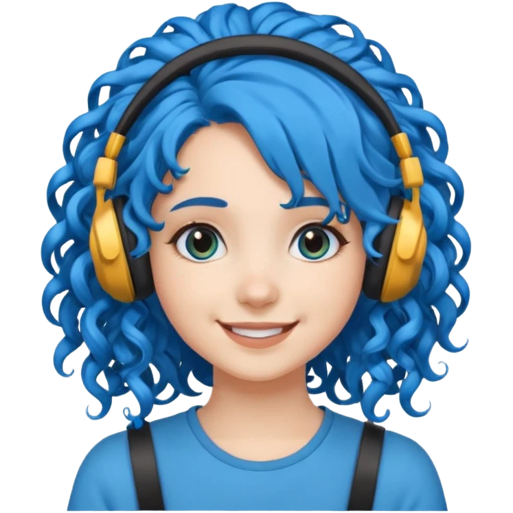 blue haired earringed heaphone wearing girl very very curly long haired emoji