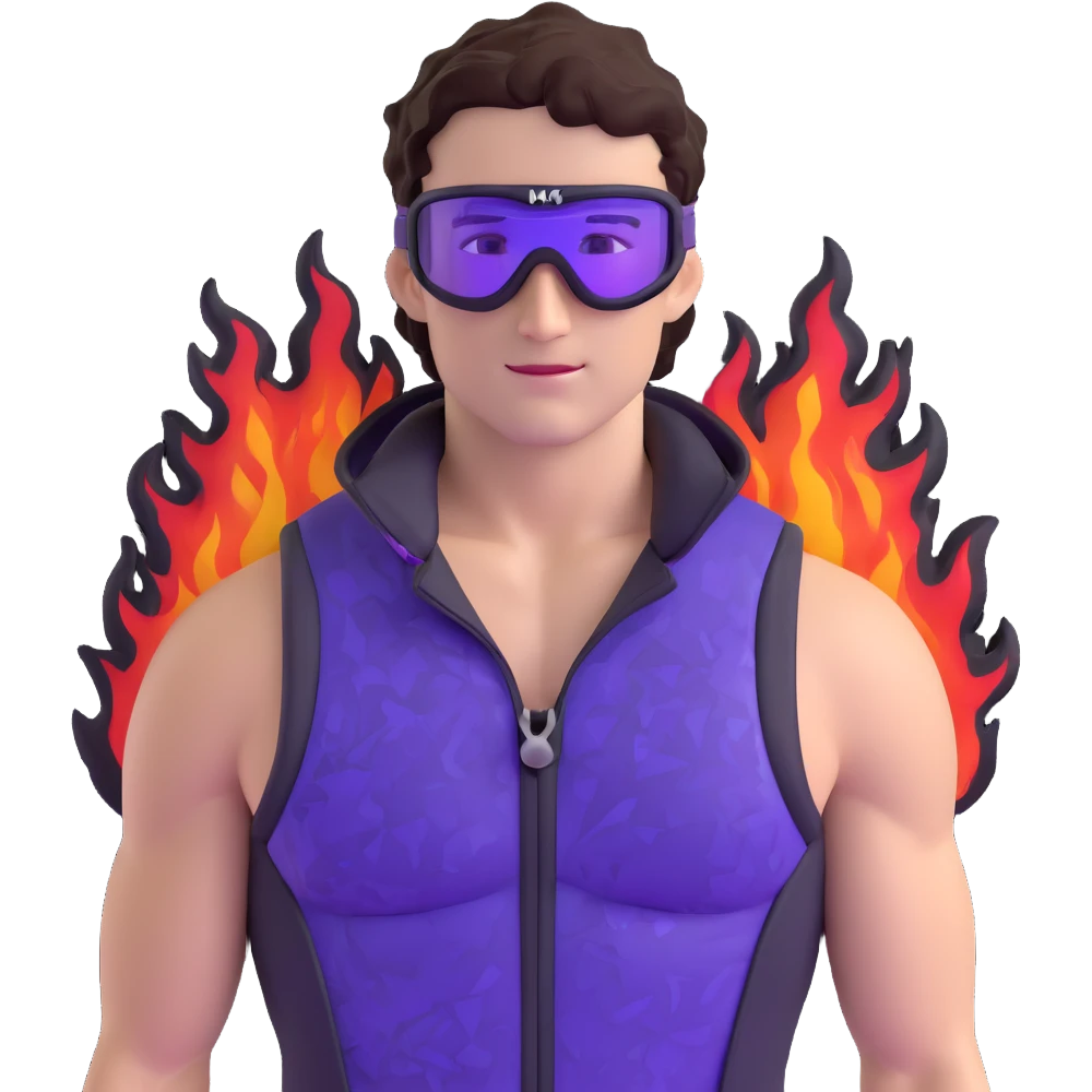 close-up of cool guy male athlete with white skin and moderately curly dark brown hair on top with shaved sides, with one purple ski goggle lens pushed up above his eyes on his forehead, with an arrogant smug smirk on his face, wearing only a plain black chain necklace around his neck, and a completely unzipped sleeveless vest with purple and black sequin fire pattern design with no logo, clearly showing he is shirtless underneath with exposed chest and abs emoji