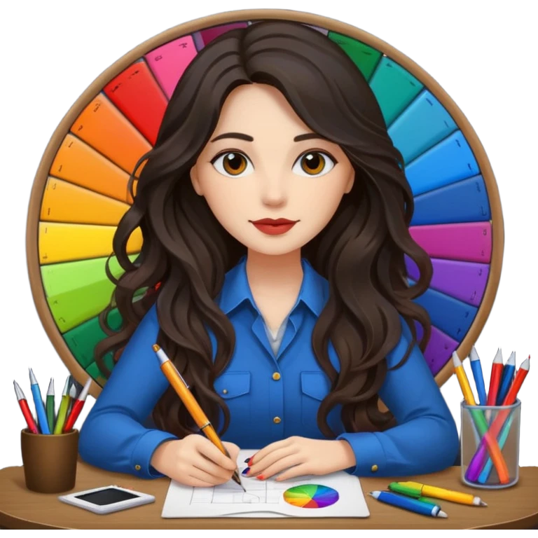 female dark wavy long hair graphic designer , color wheel, pens, papers , desktop emoji