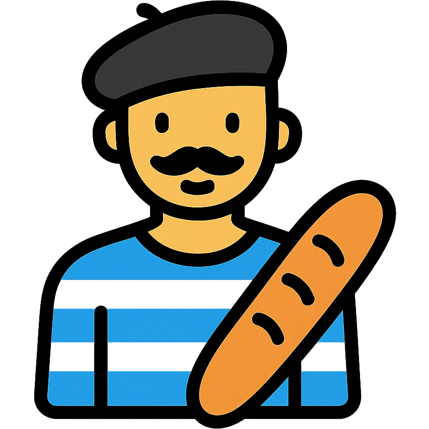 French man with blue and white striped shirt, black beret, holding a baguette emoji