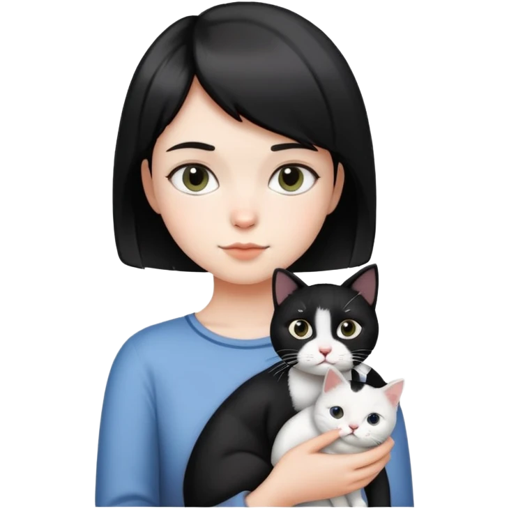 A short-haired girl holding a black and white cat emoji