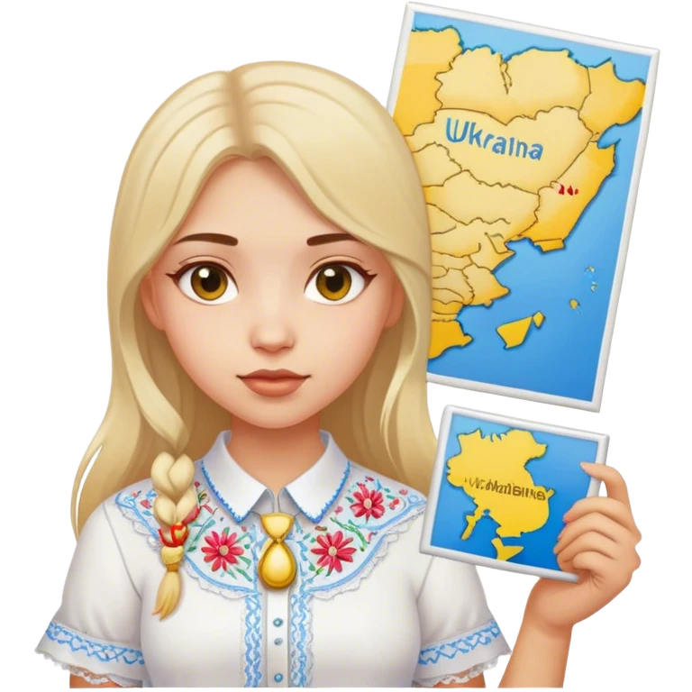 A Ukrainian girl in a white embroidered shirt holds a map of Ukraine emoji