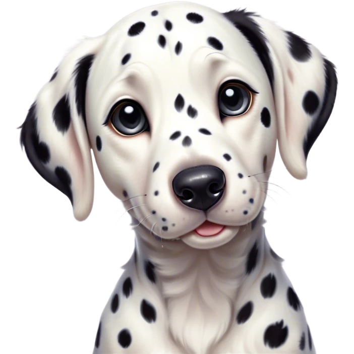 Cinematic Cute Spotted Dalmatian Portrait Emoji, Head tilted playfully and inquisitively, featuring a glossy Fur of predominantly white with dynamic black patches, round, sparkling eyes filled with gentle curiosity, Simplified yet irresistibly adorable features, highly detailed, glowing with a warm, friendly glow, high shine, affectionate and gentle, stylized with a touch of whimsy, bright and endearing, soft glowing outline, capturing the essence of a mischievous yet loving pup, so playful it feels like it could lumber out of the screen and into your arms! emoji