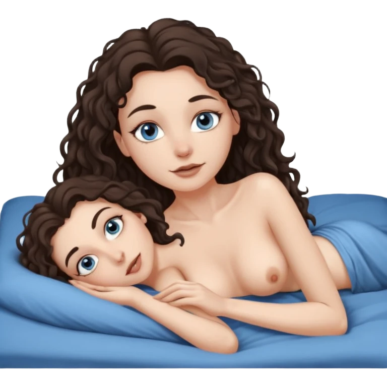 white girl, dark brown long slightly curly hair , skinni but with big breast , septum piercing on nose, beautiful dark gray-blue eyes, laying pn bade naked , stretching  emoji