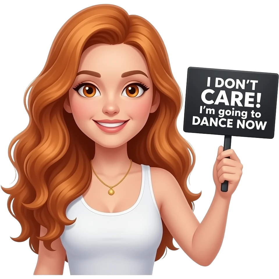 sexy girl with long wavy ginger hair and ginger eyes wearing a white tanktop is holding a black colored sign with I DON'T CARE! I'm going to DANCE NOW written on it emoji