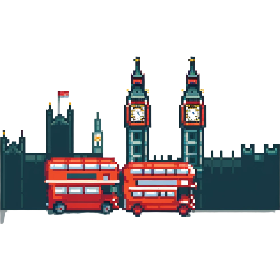 London cityscape with Big Ben and red double-decker bus in pixel art style emoji