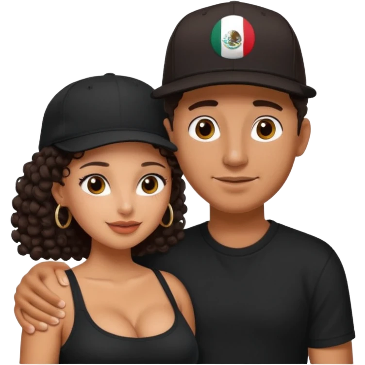 A picture of an embracing tanned couple. the man is a Mexican man with tanned skin, with a bald hair cut wearing a SnapBack hat and a black shirt. the woman has curly dark brown hair and with big boobs   emoji