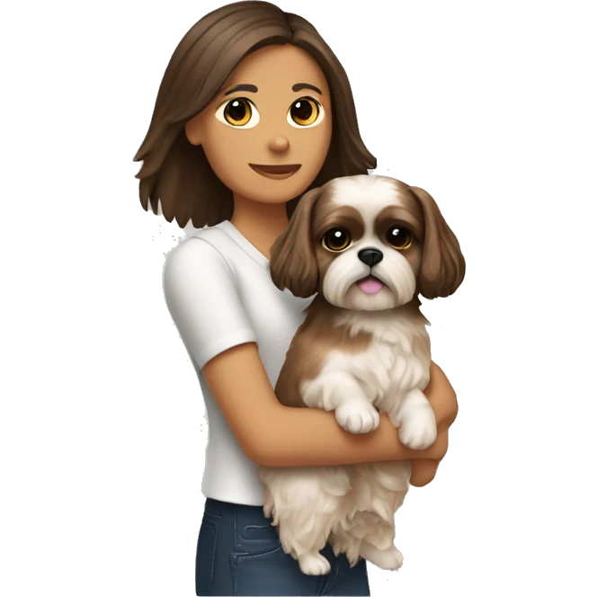 Brunette holding as tan shih tzu in her arms emoji