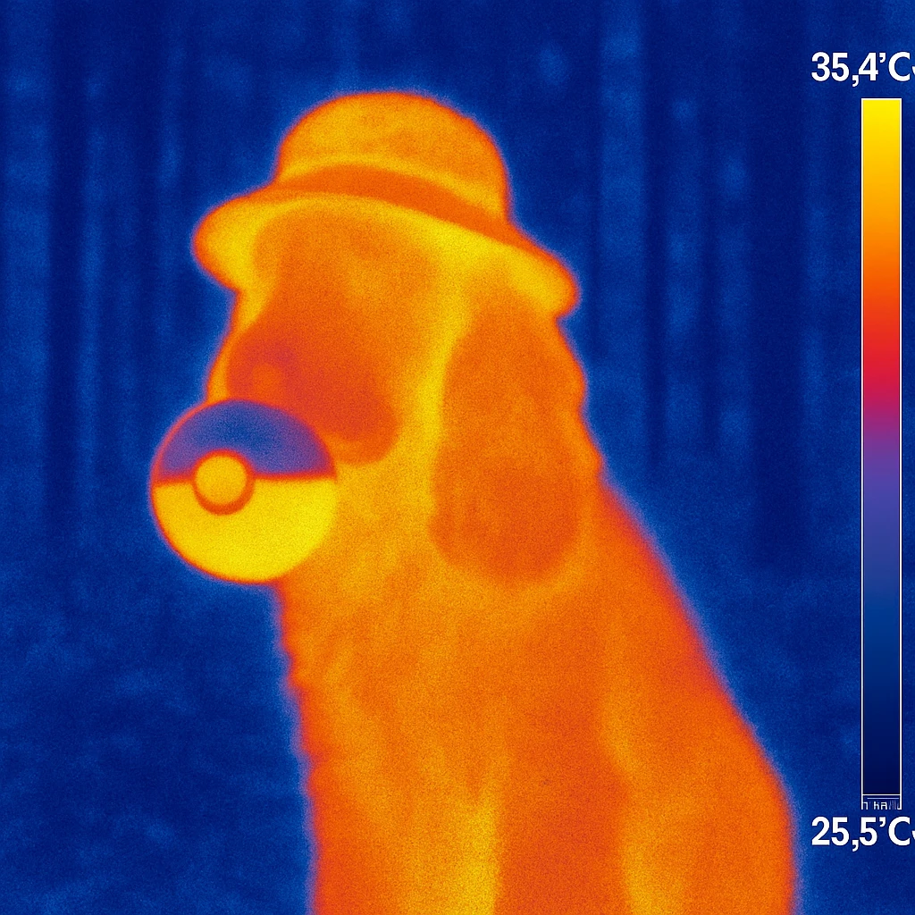 Russian Cocker Spaniel with a Poké Ball in its mouth and a hat with a forest background emoji