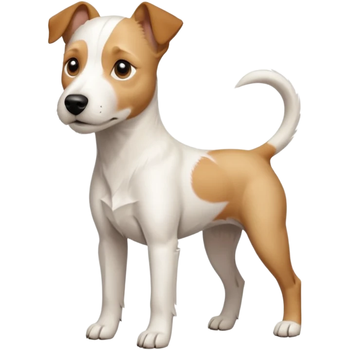 a full body facing front on of a buff white parson russell terrier looking dog the size of a kelpie with light brown long ears and a light brown patch on one eye and a large snout. the rest of the dog is completely white.  emoji