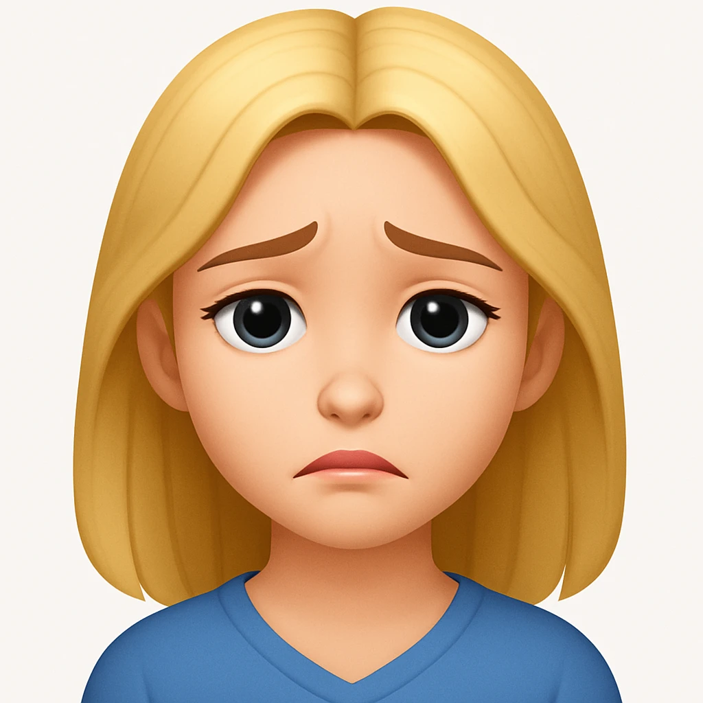 Create an image of a sad girl with a sad expression but no tears, in the style of apple emojis. The style should be respected but use the general editing model for best results. emoji
